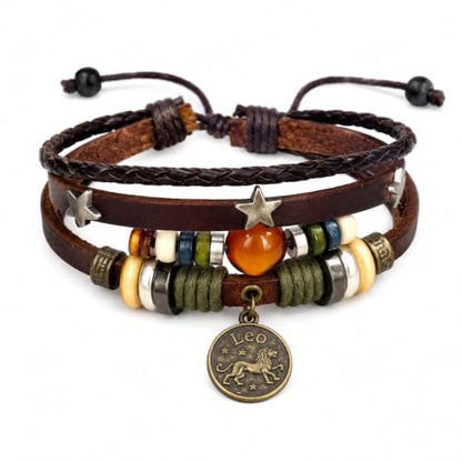 Zodiac Bracelet for Men Women, Adjustable Faux Leather Braided Wrap Bracelet with Vintage Astrology Charm, Gift Jewelry - style: Leo