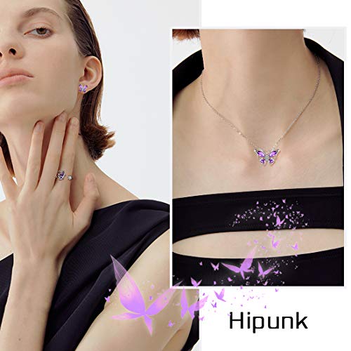 925 Sterling Silver Birthstone Butterfly Jewelry Women Crystal Animal Cute Butterflies Birthday Necklace/Earring/Ring/Bracelet Sets Birth Stone Statement Anniversary Jewellery - color: 2-B.February-Amethyst