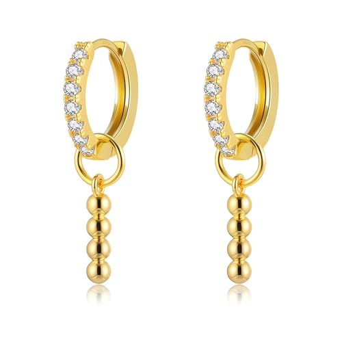 DAILY VIBES Cute Butterfly Star Cross Heart CZ Dangle Earrings for Women | 925 Sterling Silver Post, 14K Gold or Silver Plated, Mini Cubic Zirconia Dainty Drop, Cartilage Small Huggie Hoop Earrings - color: Gold Bead Bar