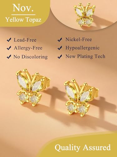 Suplight Butterfly Stud Earrings 925 Sterling Silver 14K Gold Brithstone Earrings for Women Brithstone Jewelry Gifts - color: 11.November ( Citrine), size: Gold