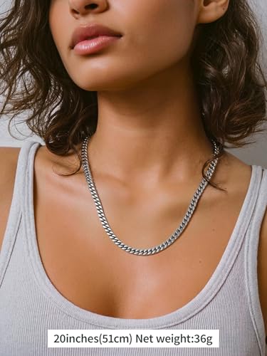 FindChic Cuban Link Chain Necklace for Women Men, Silver/Gold Plated Stainless Steel Solid Miami Curb Chain Hip Hop Punk Statement Jewelry, 5/12/14mm Width, 16/18/20 Inch Length, with Gift Box - color: 01. 5mm-Silver, size: 20inches