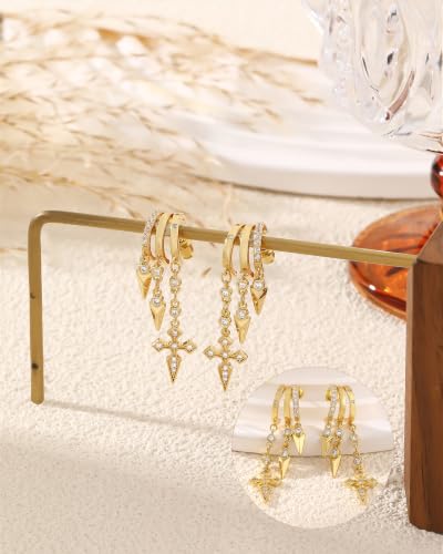 Dangle Gold Earrings for Women Trendy Triple Huggie Chain Earrings 14K Gold Plated Statement Cute Drop Dangle Earrings Dainty Hypoallergenic Chunky Hoop Earrings Fun Earring Stacks Jewelry - color: C-Cross Earrings