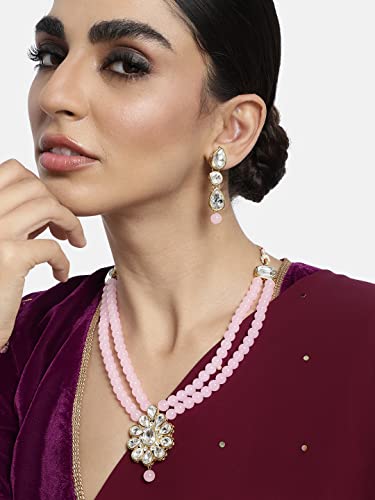 Aheli Wedding Faux Kundan Pendant Beaded Necklace Earrings Set Bollywood Indian Bharatanatyam jewellery set Gift for Women - color: Pink