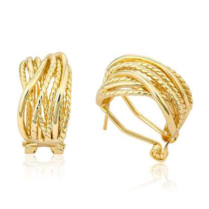 Mytys Two Tone Huggie Hoop Earrings Cross Over Design Twisted Rope Silver Gold Statement Wide Band Clip On Hoops for Women Fashion Jewelry Gift - color: Gold