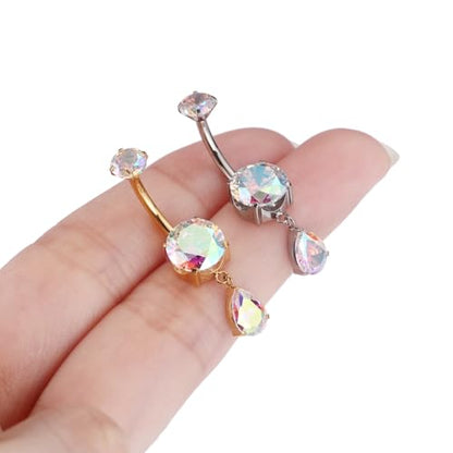 GAGABODY G23 Titanium Belly Button Rings Dangly Belly Ring Navel Piercing Ring Belly Piercing Jewelry 14G 3/8 inch 10mm Navel Barbell CZ - color: Silver+Dangly Waterdrop Shape Clear ABCZ