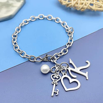 Initial A-Z Bracelets Gift for Women Girls Stainless Steel Chain Bracelet 26 Alphabet Jewelry Gifts for Birthday Anniversary Letter Bracelet Monogram Gifts for Sister Friend Girlfriends Mom 8.26 Inch - color: K