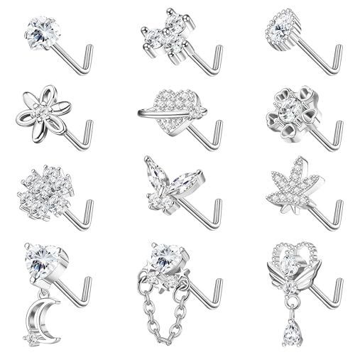 Sanfenly 12 PCS 20G Nose Rings Surgical Stainless Steel, L Shaped Nose Studs for Women Men, CZ Heart Butterfly Flower Leaf Moon Dangle Cute Nose Piercings Studs Screw Jewelry Pink/Purple/Blue/Clear - color: Clear