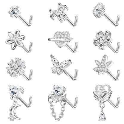 Sanfenly 12 PCS 20G Nose Rings Surgical Stainless Steel, L Shaped Nose Studs for Women Men, CZ Heart Butterfly Flower Leaf Moon Dangle Cute Nose Piercings Studs Screw Jewelry Pink/Purple/Blue/Clear - color: Clear