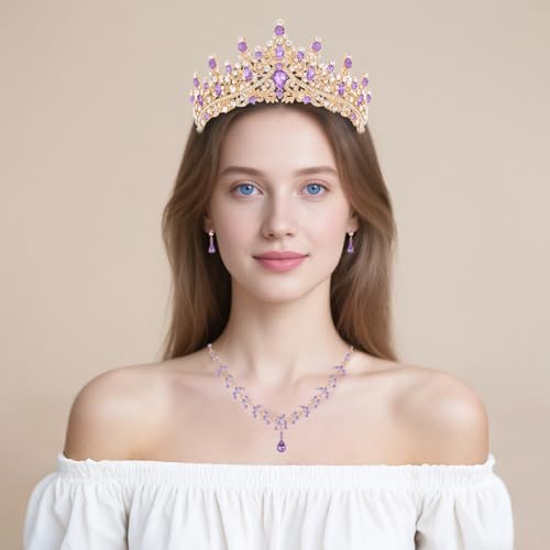 Crystal Crown and Tiara Jewelry Set for Women Bride with Necklace Earrings | Metal Rhinestone Royal Queen Princess Jewelry Set Wedding Quinceanera Pageant Prom Birthday Halloween Party Costume Gift - color: Style E-Gold Purple