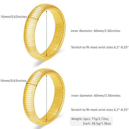 Gold Chunky Stretch Snake Chain Bangle Bracelets Stack for Women Trendy, 18K Gold Filled Stainless Steel Stretchy Womens Stackable Wristband Bangles Bracelet Set - style: GOLD 16MM 2PCS