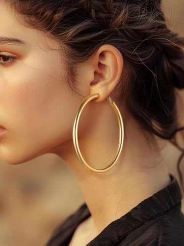 FindChic Hoop Earrings for Women, Silver/Black/14K Gold Plated Hypoallergenic Hollow Round Tube Loop Earrings, 20mm/30mm/40mm/60mm/80mm Chunky Hoops with Custom Name Options & Gift Box - color: c.Gold, size: 80MM