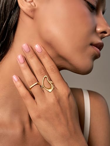 Fxiqini 12Pcs Gold Stackable Rings 18K Gold Plated Chunky Knuckle Finger Ring Geometric Bead Cloud Wave Flower Hollow Statement Bands Signet Open Rings for Women Adjustable Size 4-9 - color: A-Gold