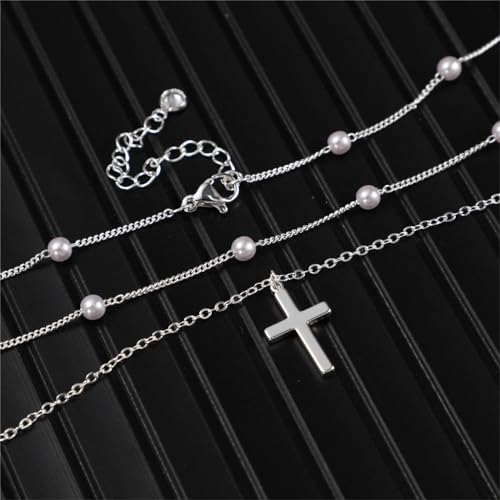 ASCOMY Layered Necklaces for Women Dainty Gold Necklace 14K Gold Plated Herringbone Necklace for Women Pearl Cross Necklace Paperclip Cuban Figaro Rope Satellite Chain Gold Choker Trendy Jewelry Gift - style: 3Layer O Chain Pearl Cross-SL