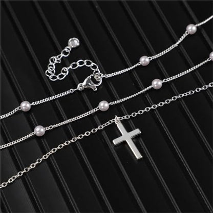 ASCOMY Layered Necklaces for Women Dainty Gold Necklace 14K Gold Plated Herringbone Necklace for Women Pearl Cross Necklace Paperclip Cuban Figaro Rope Satellite Chain Gold Choker Trendy Jewelry Gift - style: 3Layer O Chain Pearl Cross-SL