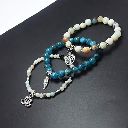Tree of Life Yoga Healing Stone Bracelets,Multilayer Lotus Chakra Stone Reiki Bracelet Sets,Anxiety Crystal Natural Stone,for Women Stress Relief - style: Style 6 Amazonite + Apatite