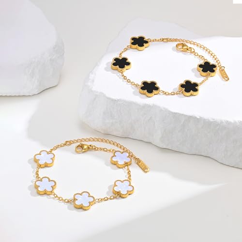 Women Gold Bracelets Jewelry Set - 3Pcs 18K Gold Plated Floral Bracelet,Stainless Steel Charm Bracelet Non-Tarnish,Adjustable Lucky Chain Trendy Gift,Christmas Valentines Birthday Gifts for Girlfriend - style: White&Black