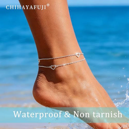 Sterling Silver Ankle Bracelets for Women 14k Gold Waterproof Layered Stackable Non Tarnish Dainty Heart Charm Large Adjustable Anklet for Summer Beach Jewelry Gift - color: silverD