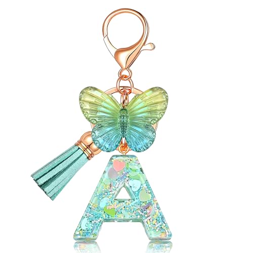 JINGUAZI Butterfly Initial Letter Keychain Bag Charms for Women | Cute pendant accessories for purses, handbags, backpacks, car keys, small gift for her young women, mothers, teachers - color: A-green