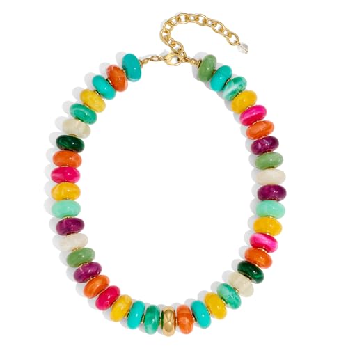 Beaded necklace for Women Boho Bead Gemstone Chunky Necklace Big Bead Necklace Fashion Trendy Summer Necklaces Jewelry Gifts - color: Colorful&GD Beaded