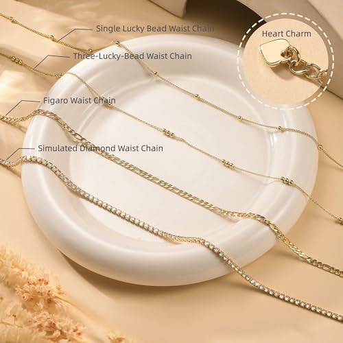 YOIHUR 14K Gold Filled Waist Chain, Bohemian Layered Belly Chain, Body Chain, Hypoallergenic Bikini Beach Jewelry, Multiple Pack Sizes, Ideal Gift for Women - style: 2 PCS：3 Lucky Bead + Imitation Diamond Waist Chains