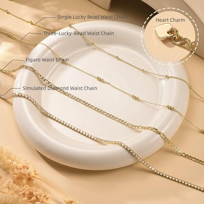 YOIHUR 14K Gold Filled Waist Chain, Bohemian Layered Belly Chain, Body Chain, Hypoallergenic Bikini Beach Jewelry, Multiple Pack Sizes, Ideal Gift for Women - style: 2 PCS：3 Lucky Bead + Imitation Diamond Waist Chains