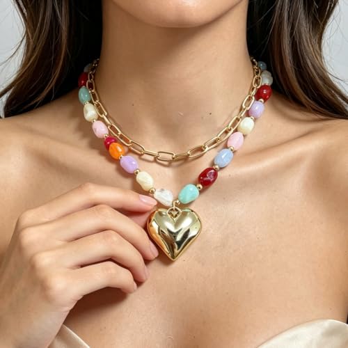 Colorful Beaded Necklace For Women, Boho Double Layered Chunky Gold Cuban Chain Rainbow Beads Heart Pendant Y2K Statement Choker Summer Beach Jewelry Gift - color: Puffy-Heart