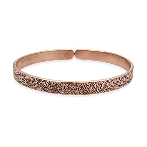 Vintage Copper Cuff Bracelet – Adjustable Open Bangle with Engraved Paisley Design Elegant Floral Carving, Boho Statement Jewelry