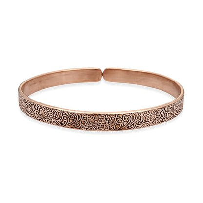 Vintage Copper Cuff Bracelet – Adjustable Open Bangle with Engraved Paisley Design Elegant Floral Carving, Boho Statement Jewelry