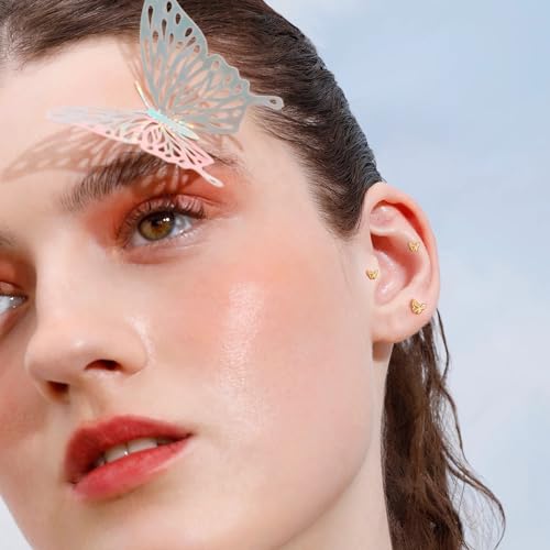 20G/18G/16G Titanium Flat Back Earrings, Threadless Nose Stud Tiny Stud Earrings, Cartilage Tragus Piercing Jewelry Conch Helix Stud - color: Butterfly(gold 3pcs), size: 16ga(1.2mm)