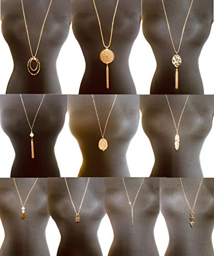 10Pcs Long Pendant Necklace Simple Moon Bar Three Triangle Tassel Lock Sweater Y Shape Punk Chain Choker Necklace for Women Men Gold Silver Plated - style: C:10Pcs Gold Tone