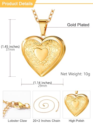 U7 Women Locket Necklace, Heart Photo Lockets Hold Picture, Gift Box Packed | Gold/Silver/Rose Locket Charm, Custom Picture and Engravement Heart Pendant, 20" Chain, Personalized Gift for Mom Wife Friend - color: 01# Gold Heart