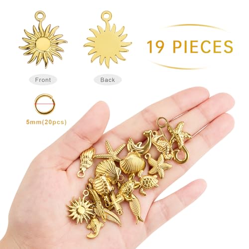 19PCS Gold Plated Stainless Steel Mixed Bulk Charms Pendants DIY for Necklace Bracelet Jewelry Making and Crafting - color: Gold