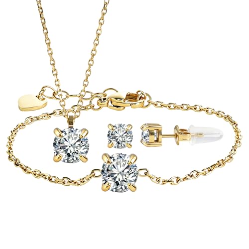 14K Gold Plated Jewelry for Women Sets, Earrings Necklace Bracelets Hypoallergenic 316L Stainless Steel Round Cubic Zirconia Jewelry Sets, CZ Jewelry Sets, Birthday Valentine's Day Gifts Her