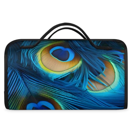 Blue Peacock Feathers Hanging Roll Up Cosmetic Bag with 4 Removable Storage Bags Waterproof Foldable Toiletry Kit for Women - color: Multicolor 5