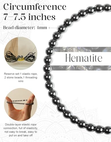 Natural Stone Beaded Bracelets for Men Women, 4mm 6mm 8mm | Healing Crystal, Protection Gemstone, Gift Packaging with Energy Card, Stretch Jewelry, Replacement Beads Included, 18 Stone - color: Hematite(Protection & Stabilization), size: 4mm
