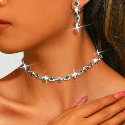 Bride Silver Necklace Earrings Set Crystal Bridal Wedding Jewelry Set Rhinestone Choker Necklace for Women and Brides - color: Green