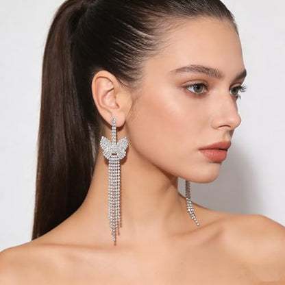 Rhinestone Earrings Dangling for Women Sparkly Silver Dangle Earrings Girls Long Chandelier Earrings Tassel Lightweight Ear Studs Cubic Zirconia (KE001S-W) - color: Bow Butterfly 816263S