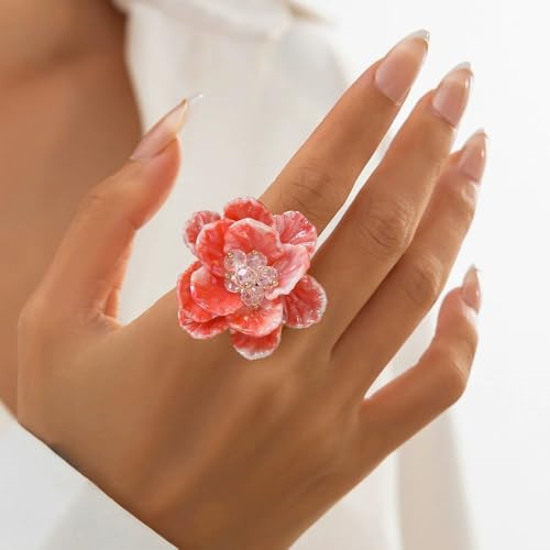 Dtja Large Blossom Flower Statement Ring for Women Silver Plated Colorful Resin Daisy Cherry Floral Adjustable Open Wrap Finger Rings Elegant Wedding Theme Party Jewelry - color: Pink