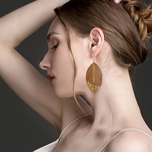 Bohemian Handmade Lightweight Color Large Genuine Soft Leather Fringe Feather Leaf Tear Dangle Drop Earrings for Women Statement - color: 2-Brown