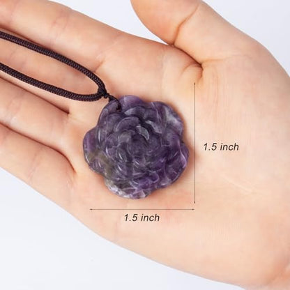 Crystal Flower Pendant Necklace for Women, Hand Carved Sculpted Flower Bloom Charm, Healing Stone Jewelry Gift for Her Mom Girlfriend - color: Purple