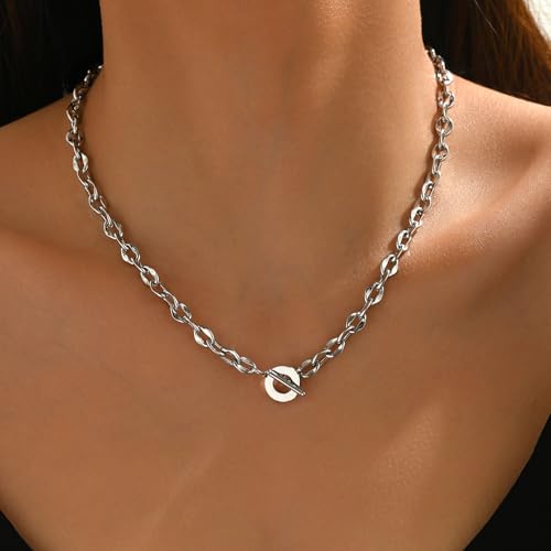 Chunky Gold Necklace for Women, 18K Gold Plated Paperclip, Figaro Link Chain Necklace, Toggle Clasp Necklaces, Trendy Non Tarnish Jewelry, Christmas Gifts - style: 6mm Cable Toggle 16.5''-White Gold