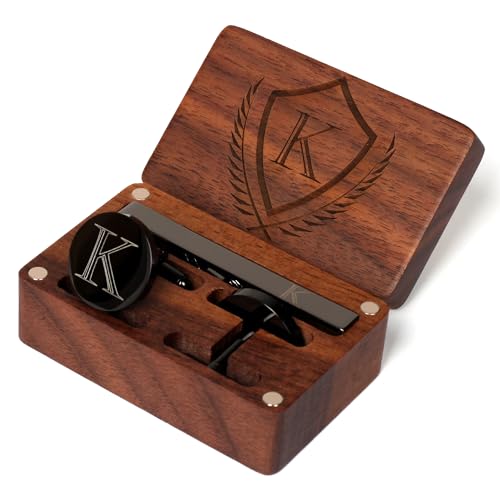 Mens Initial Cufflinks and Tie Clip A-Z Alphabet Letter Black Stainless Cuff Links Tie Bar with Engraved Walnut Wood Box Groom Groomsman Wedding Set - style: Classic-K