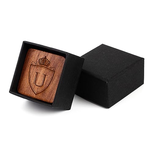 Mens Initial Silver Cufflinks A-Z Alphabet Letter Steel Cuff Links with Engraved Walnut Wood Box Groom Groomsman Wedding Set… - style: U