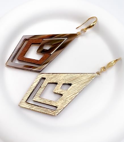 Ozel - Natural Wooden Acrylic Boho Drop Dangle Earrings for Women - Geometric Statement Jewellery - Brown, Black, Magent Red, Olive Green, White beige - color: Diamond_Brown