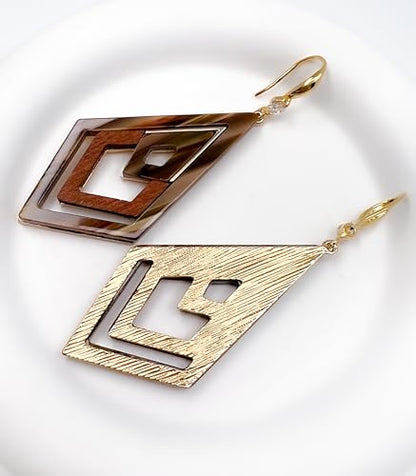 Ozel - Natural Wooden Acrylic Boho Drop Dangle Earrings for Women - Geometric Statement Jewellery - Brown, Black, Magent Red, Olive Green, White beige - color: Diamond_Brown