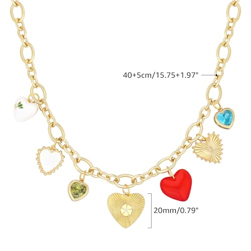 Charm Necklace for Women Gold Evil Eye Sun Moon Flower Coin Pendant Necklace Dainty Paperclip Chain Vintage Luck Amulet Choker Necklaces Celestial Jewelry Gift - style: 7 Heart Charms