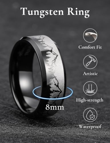 King Will Mens 6mm 8mm Tungsten Carbide Wedding Bands Inlay Lasered Brushed Wedding Rings for Men Women | Brushed, Lasered Seagull/Forest Landscap/Panda/Deer/Hunting/Fly Fishing, Comfort Fit, Everyday Wear - color: tree mountain