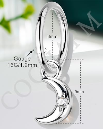 COCHARM Clicker Rook Earring-Star 16G Moon & Square Helix Rarrings,316L Stainless Steel Helix Daith piercing Jewelry 6/8MM - color: Moon-6MM