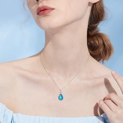 VONALA Sterling Silver Necklace Moss Agate/Turquoise/Larimar/Aquamarine/Opal/Black Onyx/Rose Quartz/Moonstone Pendant Teardrop Necklace Jewelry Gift for Women - style: Turquoise2