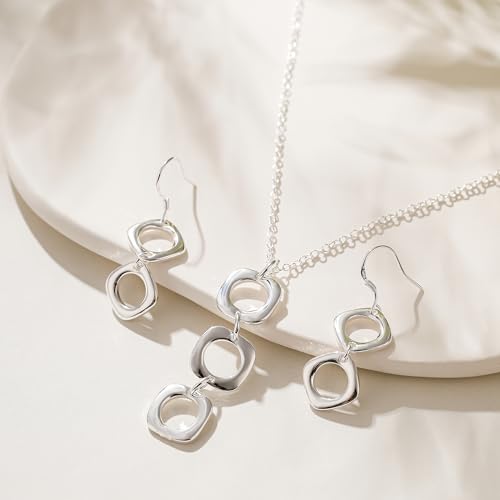 3 Circles Silver Hoop Earrings Necklace Set for Women Geometric Jewelry Set | 925 Silver Hypoallergenic Small Hoop Circle Geometry Textured Finish Minimalist Style Comfortable Wear - style: 3 Hoop